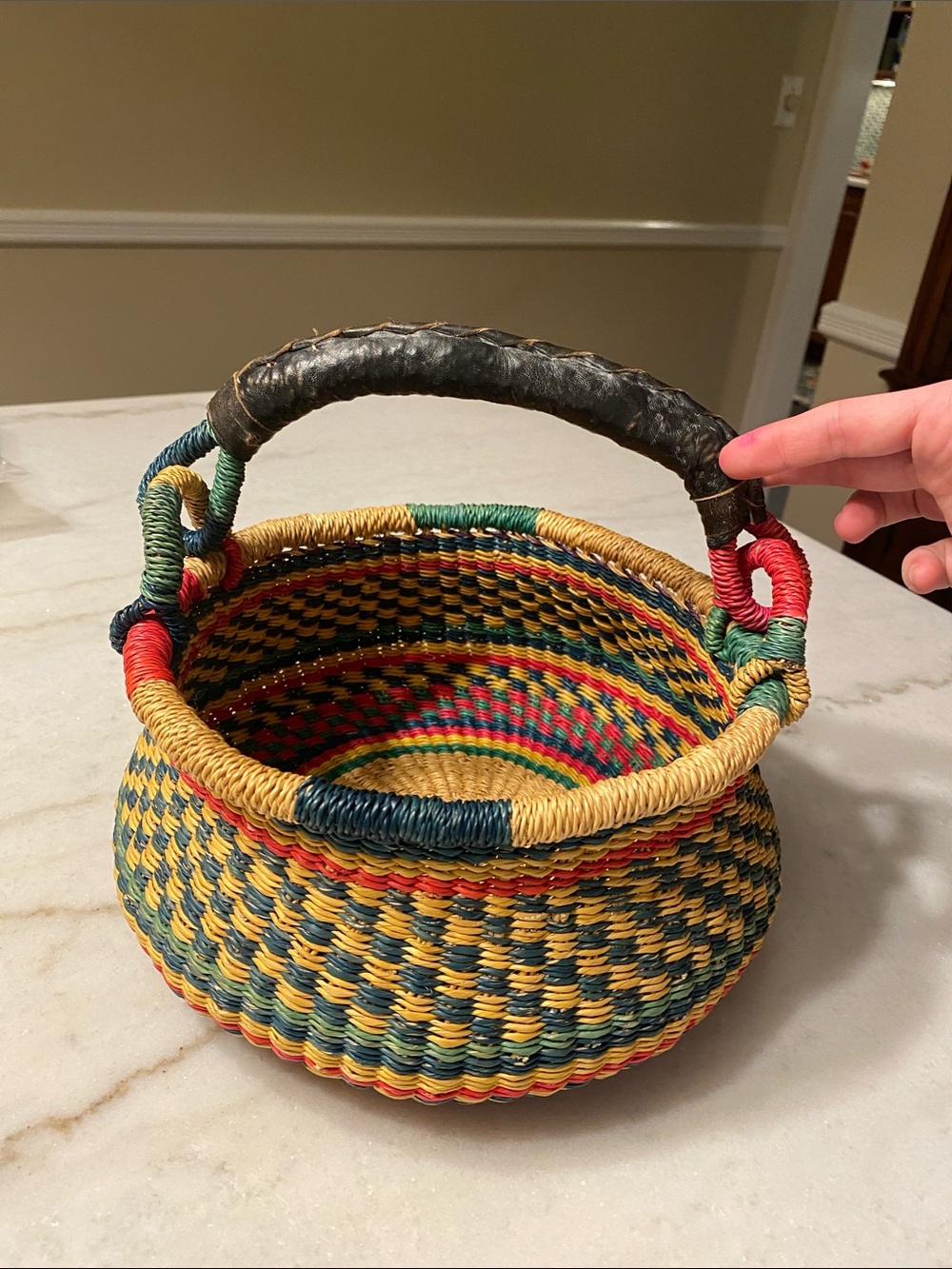 Handwoven African Decorative wicker basket leather handle Yellow, Green & Re